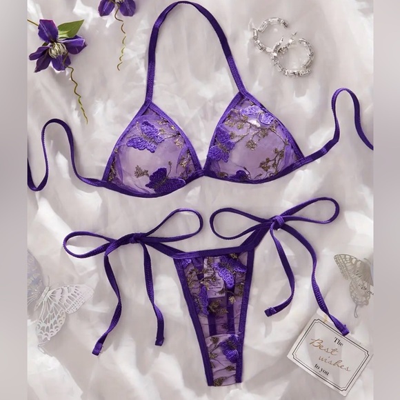 Other - New Purple Sexy • Butterfly Embroidery Transparent Lingerie Set 2piece thong XL